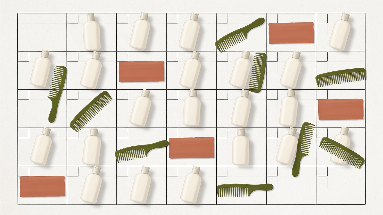 Illustrated maintenance calendar with cream conditioner bottles, an olive comb and terracotta appointment markers