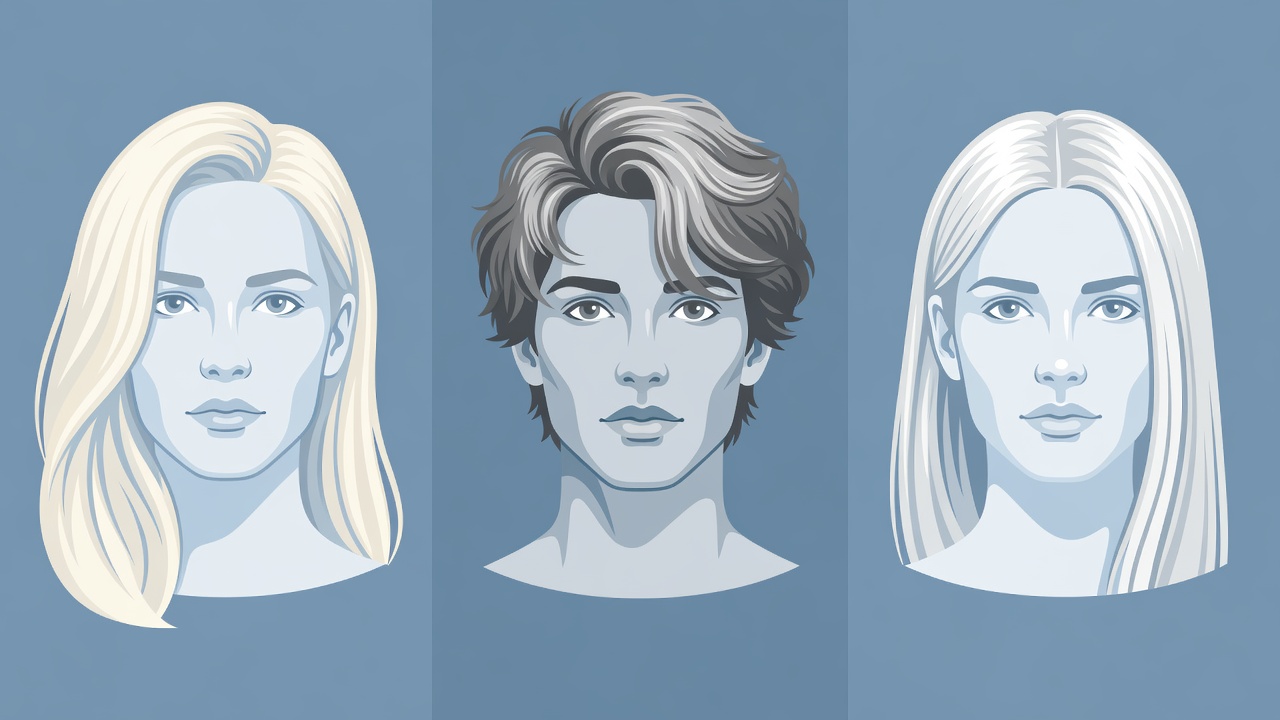 Three flat vector portraits comparing cream icy blonde, smoky silver and bright platinum hairstyles