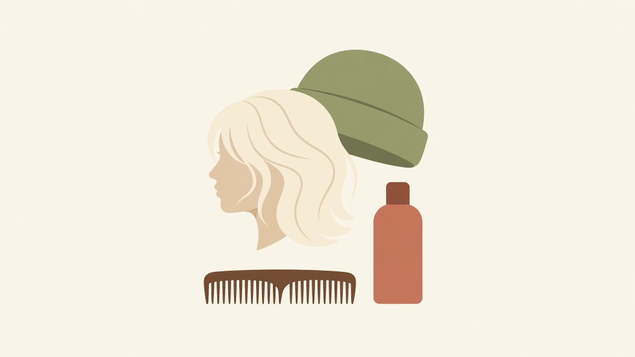 Flat vector portrait with loosely gathered cream hair beside a soft olive hat, brown comb and terracotta conditioner